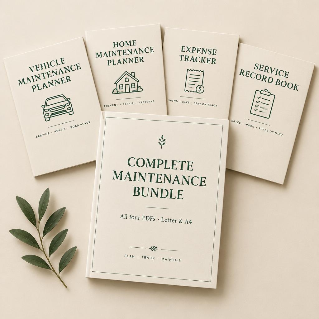 The complete PDFrything bundle: four printable maintenance planners arranged on a desk
